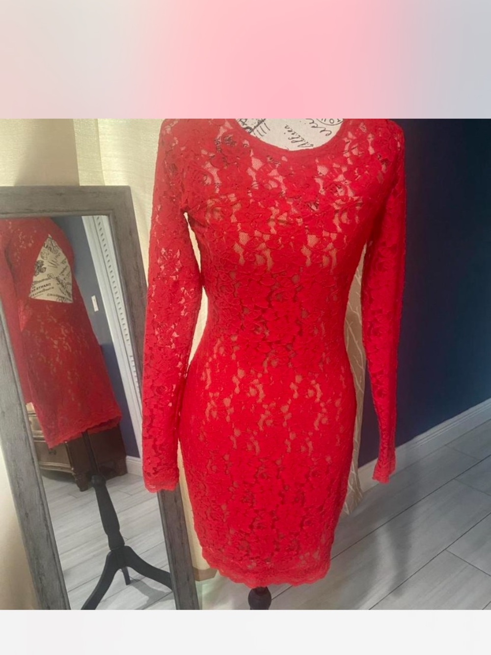 Express Red Lace Long Sleeve Bodycon Dress